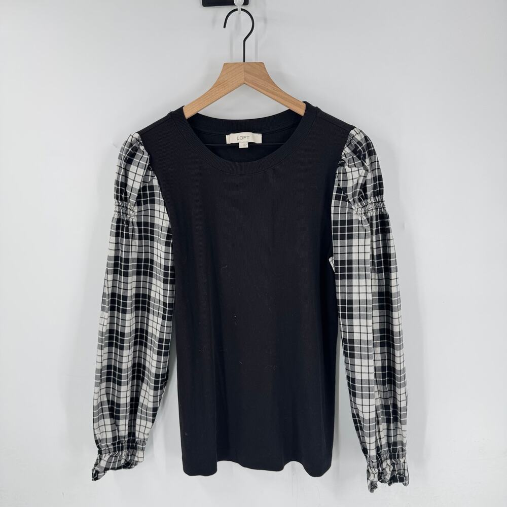 LOFT Black Ribbed Knit‎ Top with Plaid Puff Sleeves Women’s Long Sleeve Shirt L